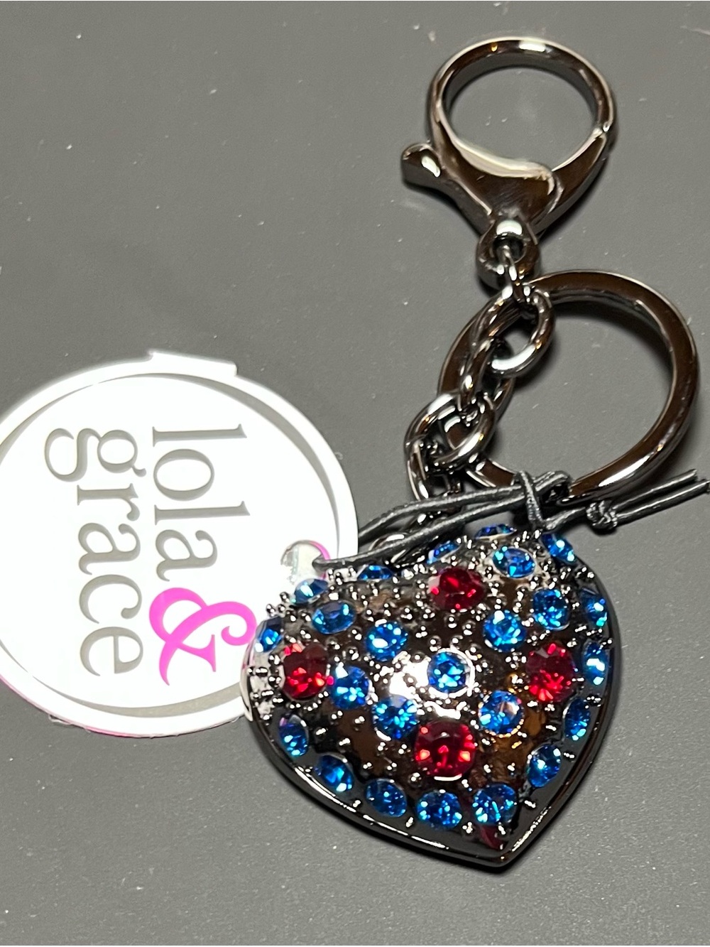 Lola & Grace Heart Crystal Bag, Keychain Charm in Blue and Red, New